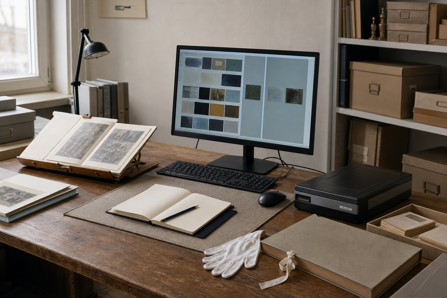 Arbeitsplatz für Bildforschung mit Monitor, Aufsichtsvorlage, Scanner und Archivboxen