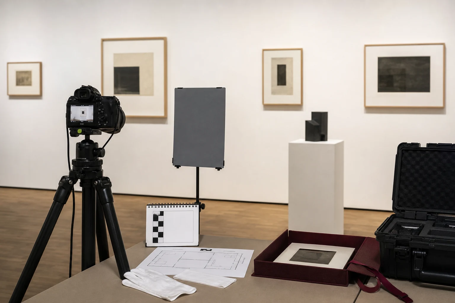 Systematische fotografische Dokumentation einer Ausstellung mit Kamera, Referenzkarte und Raumplan