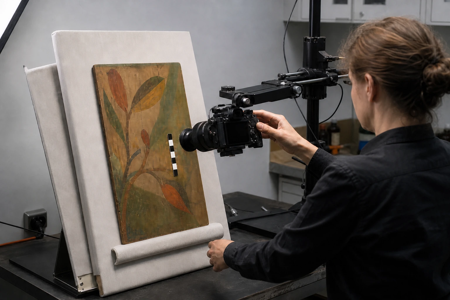 Konservatorin fotografiert an einer historischen bemalten Holztafel eine markierte Oberflächendetailstelle mit Kamera und schwarz-weißem Maßstab