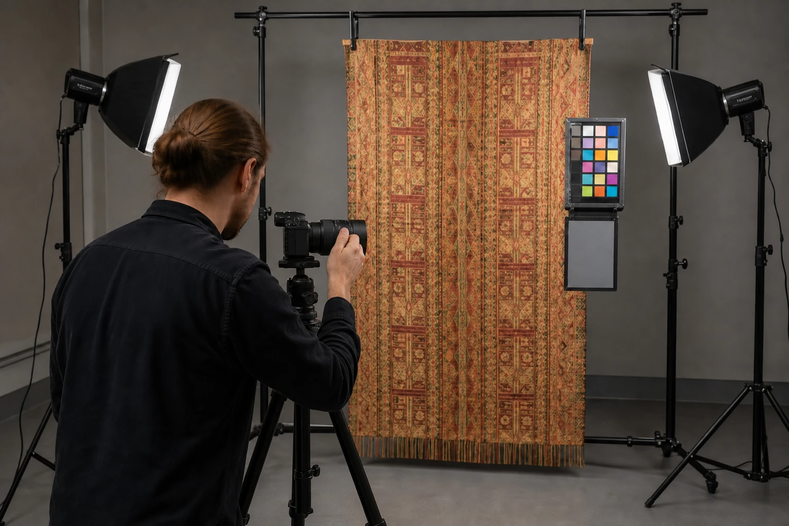 Reproduktionsfotografie eines farbigen Textils mit Kamera auf Stativ, symmetrischem Licht und Farbtafel