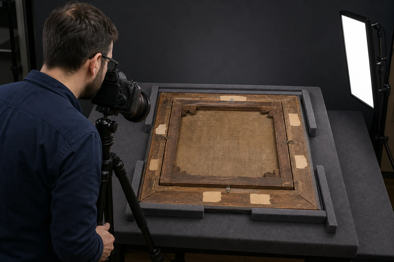 Museumsfotograf dokumentiert die vollständige Rückseite eines gerahmten Gemäldes mit Keilrahmen, Befestigungen und unbeschrifteten alten Etikettflächen