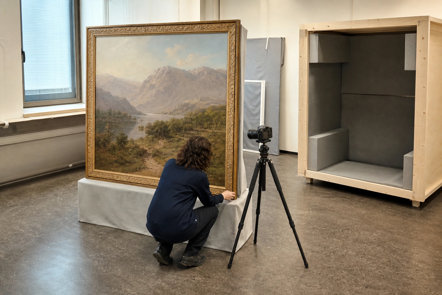 Registrarin fotografiert ein gerahmtes Landschaftsgemälde auf gepolsterter Auflage vor einem offenen Transportkasten