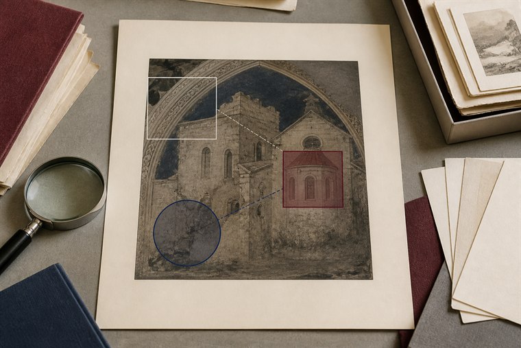 Archivblatt mit markierten Bildregionen für die wissenschaftliche digitale Bildannotation
